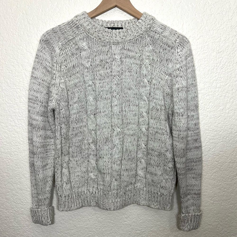 Vintage 80’s Heathered Gray White Acrylic Cable Knit Sweater Size M